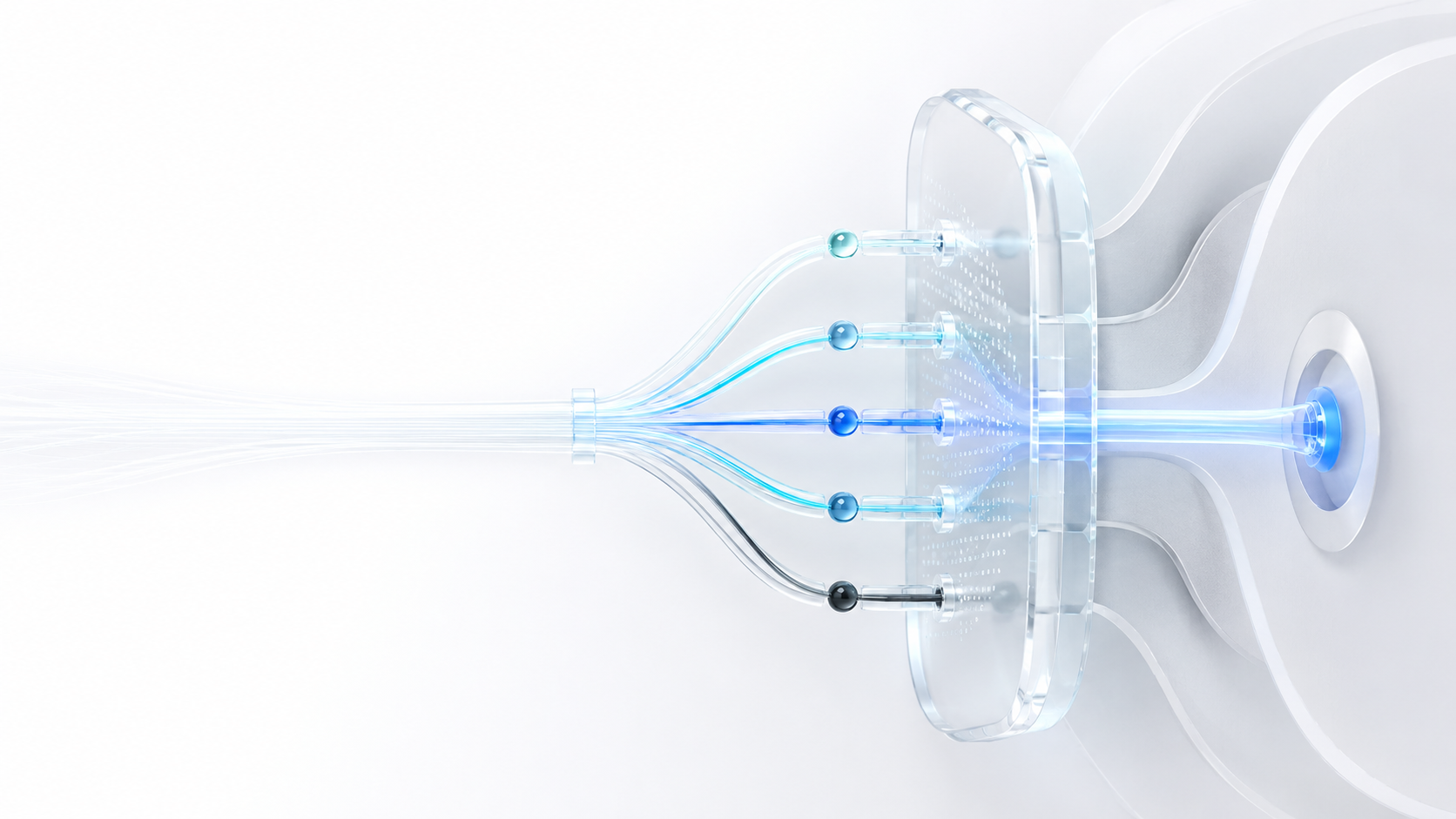 Multiple AI pathways converging through a governed decision point